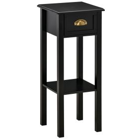 2-Tier Side Table with Drawer, Narrow End Table for Space Saving, Slim Nightstand with Shelf Metal Knob for Living Room Hallway, Black