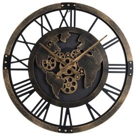 Brown Gear Wall Clock with World Map, 27" Large Non-Ticking Quartz Movement Decorative Home Clock