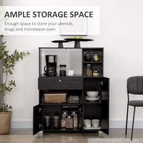 Black compact drawer with microwave holder and shelf storage cabinet, used for kitchen organization