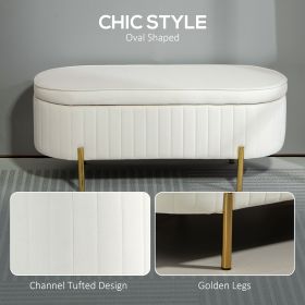 Channel Tufted Upholstered Bedroom Bench Cream White Ottoman with Thick Padding Metal Legs for Additional Seating And Storage