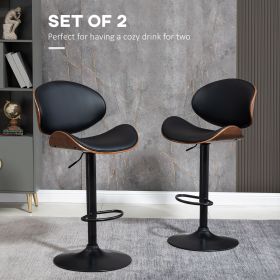Bar stool set of two, adjustable rotating bar stool with curved backrest, footrest, and steel base, black