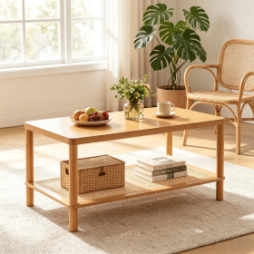 Boho 2-Tier Coffee Table Rectangular Living Room Center Table with Rubber Wood Frame PVC Rattan Storage Shelf (Color: Rustic Brown)